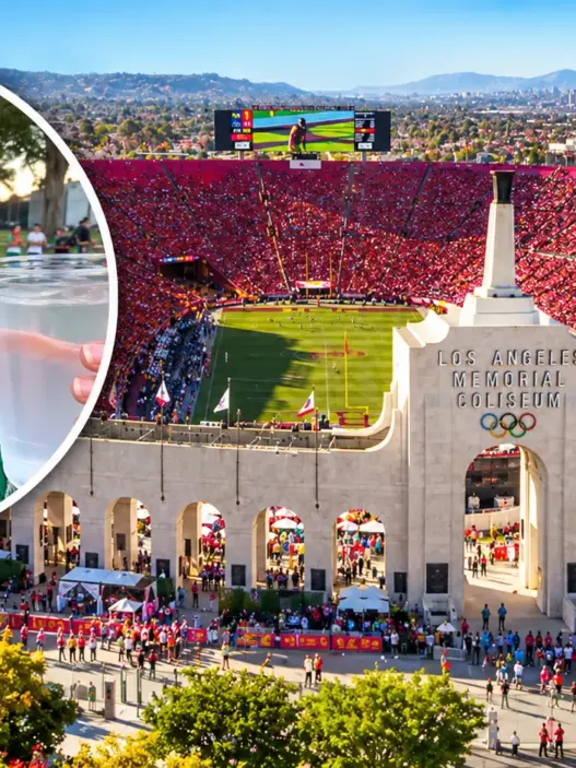 Los Angeles Memorial Coliseum with an inset of an attendee holding a cup of water during the October heat event