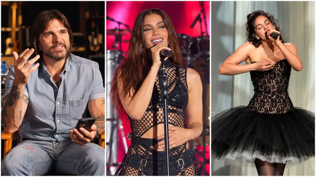 Juanes, Anitta and Rosalía featured side by side in a Latin GRAMMYs 2026 editorial collage, with Juanes in an interview setting and Anitta and Rosalía performing onstage.