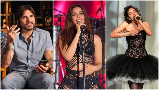 Juanes, Anitta and Rosalía featured side by side in a Latin GRAMMYs 2026 editorial collage, with Juanes in an interview setting and Anitta and Rosalía performing onstage.