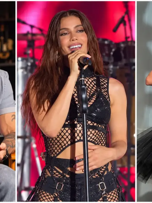 Juanes, Anitta and Rosalía featured side by side in a Latin GRAMMYs 2026 editorial collage, with Juanes in an interview setting and Anitta and Rosalía performing onstage.