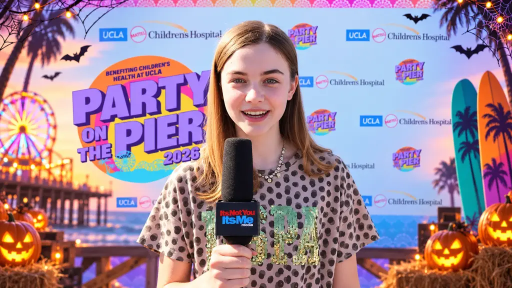 Halloween-themed editorial artwork of actress Marta Kessler with an INYIM Media microphone at Party on the Pier 2026