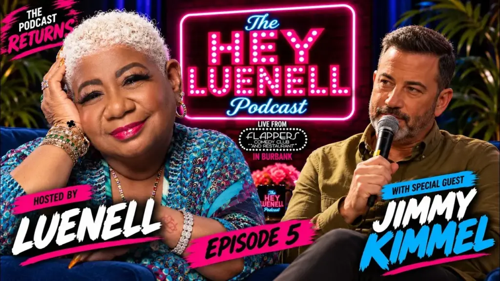 Frame from the Hey Luenell live podcast episode with Jimmy Kimmel
