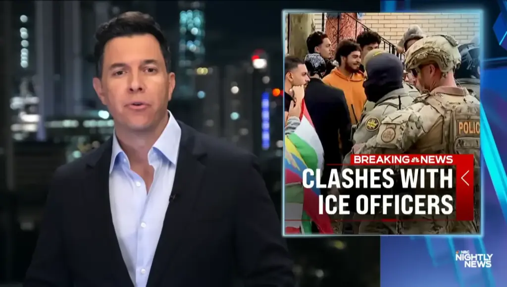Tom Llamas introducing NBC Nightly News coverage of clashes involving ICE officers