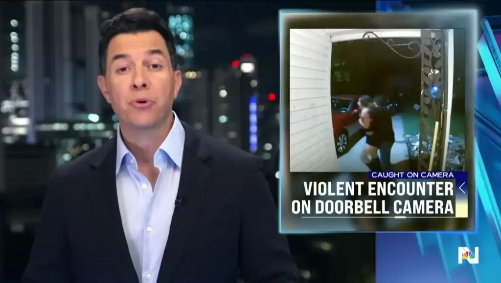 NBC Nightly News showing doorbell camera footage from a violent encounter
