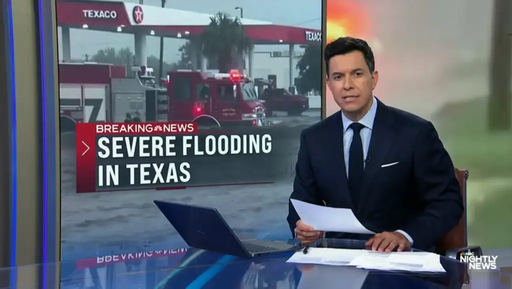 Tom Llamas reporting on severe flooding in Texas on NBC Nightly News