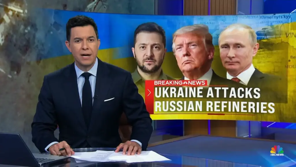 Tom Llamas with an NBC Nightly News graphic reading Ukraine attacks Russian refineries