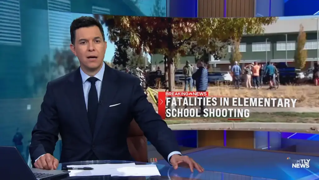 Tom Llamas reporting on fatalities in the Bend, Oregon elementary school shooting on NBC Nightly News