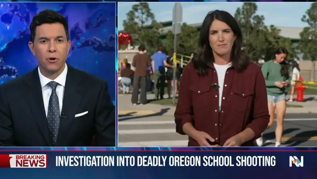 NBC Nightly News split screen of Tom Llamas and a female reporter outside during the Oregon school shooting investigation.