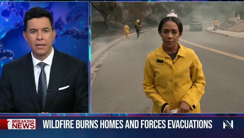 NBC Nightly News split screen of Tom Llamas and a reporter in a yellow jacket covering Southern California wildfires.