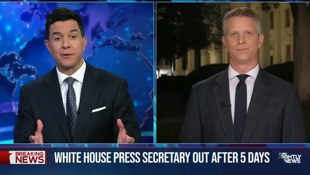 Tom Llamas appears alongside a male correspondent during NBC coverage of the White House press secretary leaving after five days.