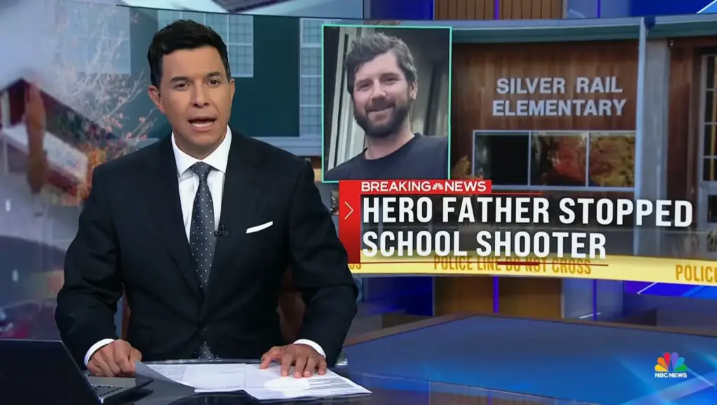 NBC Nightly News frame showing Tom Llamas beside a graphic about the father who intervened in the Oregon school shooting.