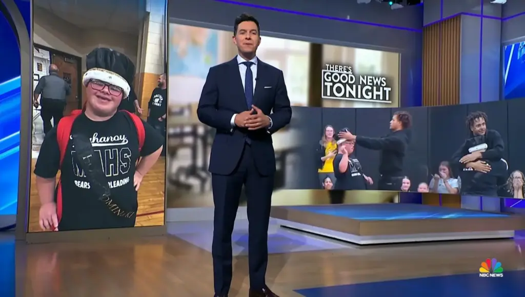 Tom Llamas in the NBC Nightly News studio beside a Good News Tonight segment about a student sharing his homecoming crown.