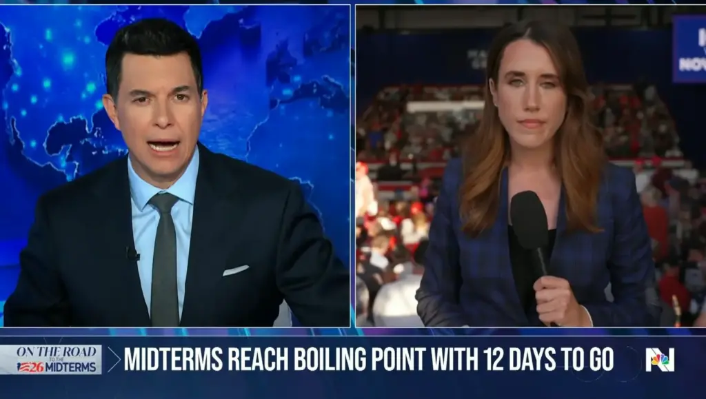 Tom Llamas alongside an election news graphic and correspondent video image