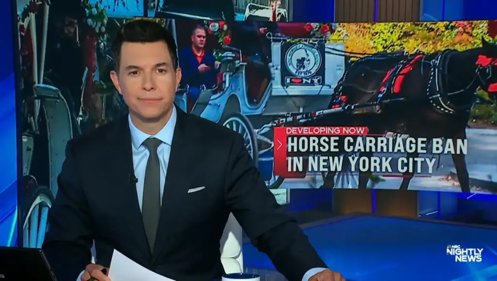 Tom Llamas discusses New York City legislation about horse-drawn carriage rides with a carriage image on the studio screen