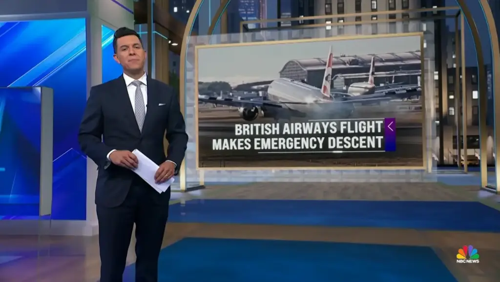NBC Nightly News graphic about British Airways Flight 4 making an emergency descent