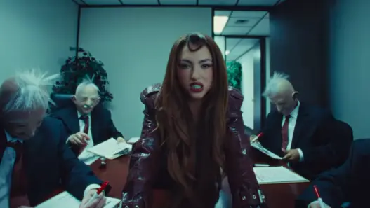 Canadian pop singer Rêve with long auburn hair, dramatic makeup and a burgundy outfit inside a blue-green office setting in her Church of Sound music video.