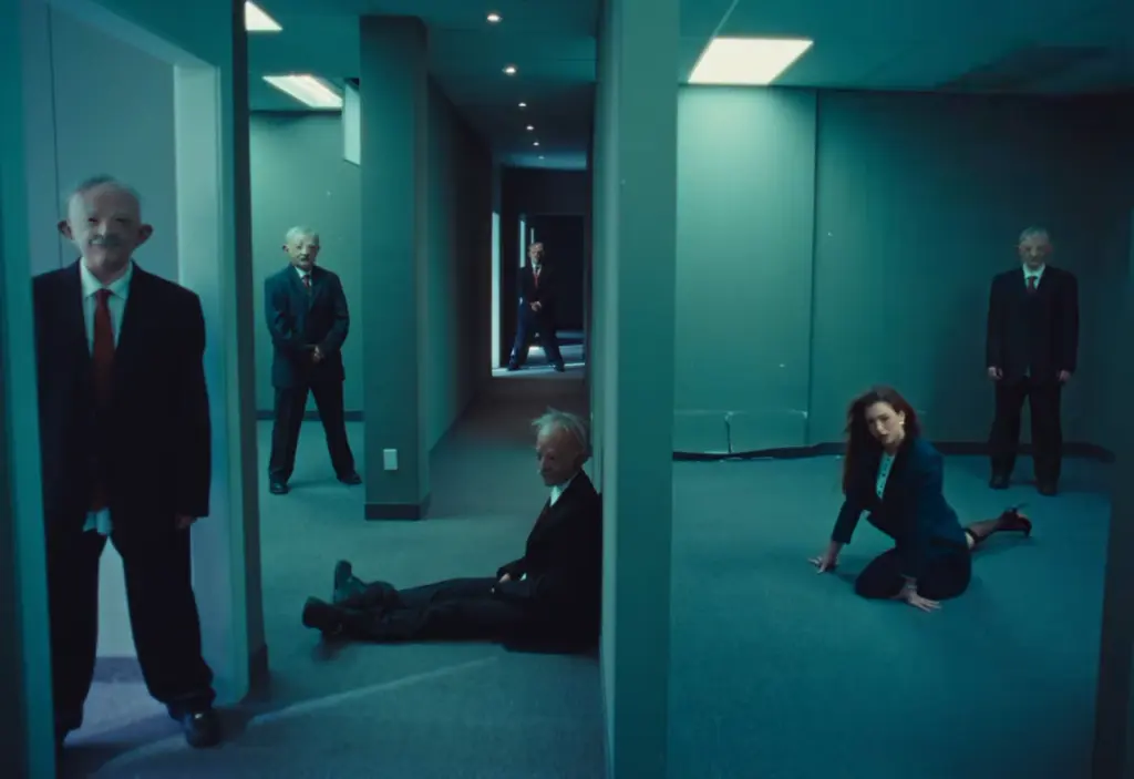 Suited men stand in an office corridor while Rêve is seated on the floor in the Church of Sound video