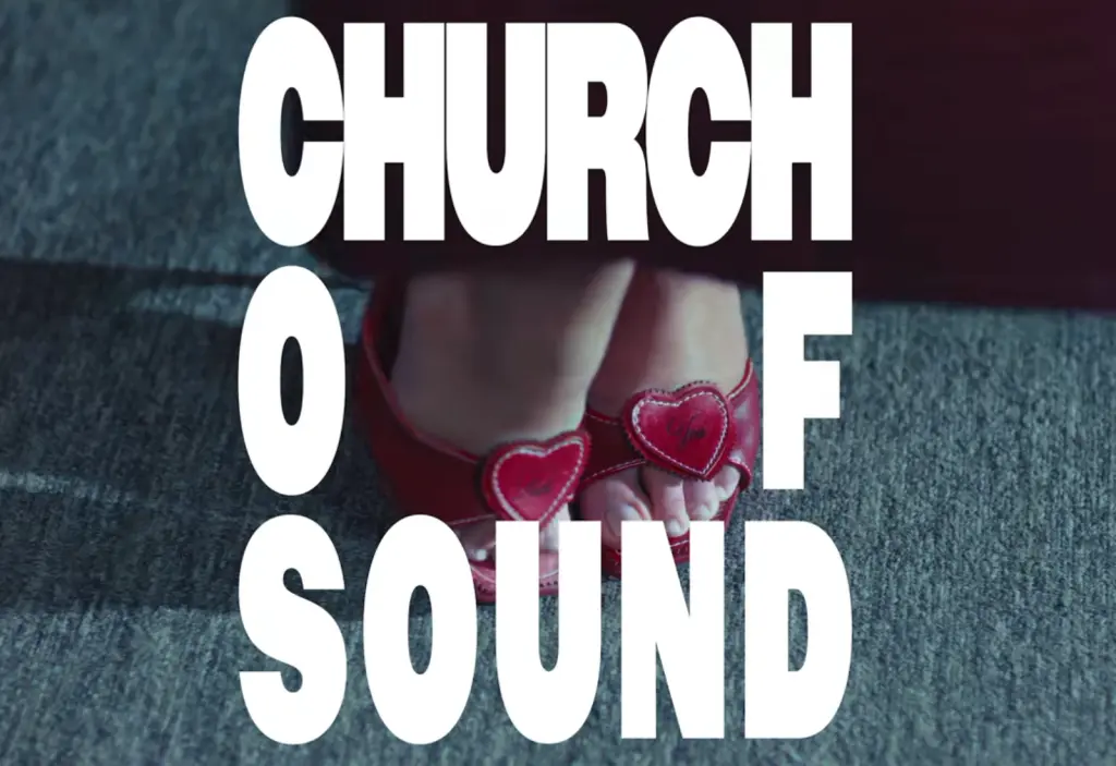 Church of Sound title lettering over a patterned outfit and red heart-shaped sunglasses