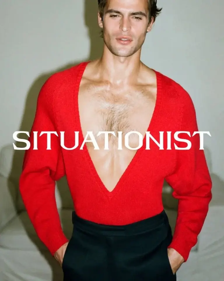 Parker van Noord relaxes in an open black shirt and matching trousers for the Situationist fall-winter 2026 campaign. Photo: Davit Giorgadze