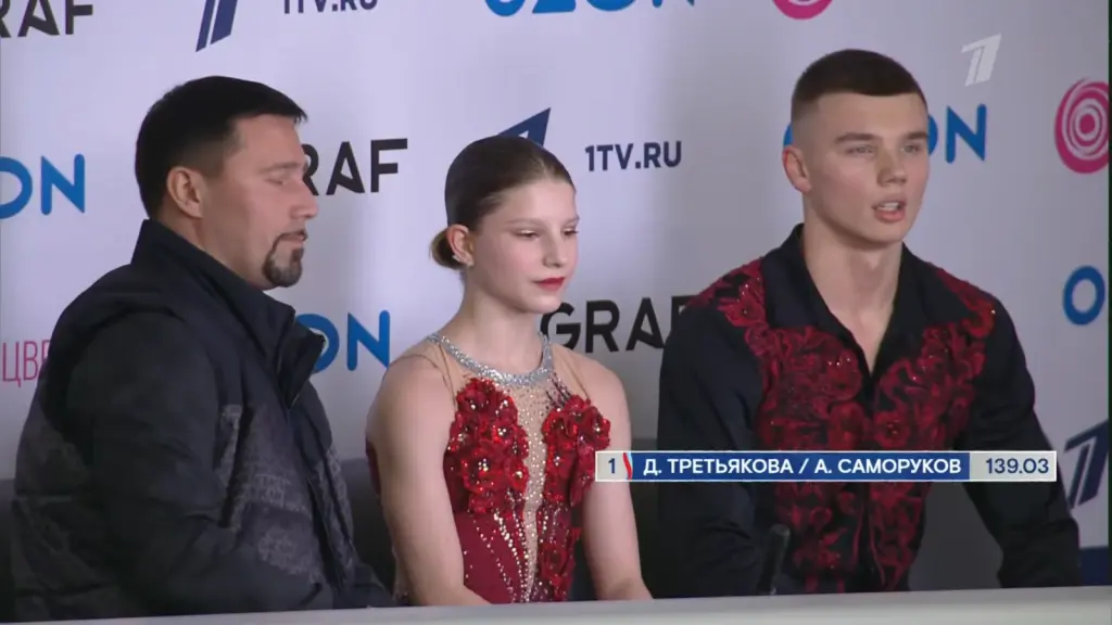 Darya Tretyakova and Alexander Samorukov shown with their competition score