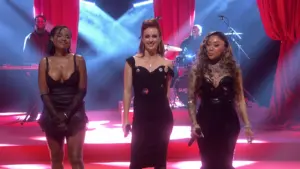 Sugababes performing Ghost on The Graham Norton Show in 2026, featuring Mutya Buena, Keisha Buchanan and Siobhán Donaghy