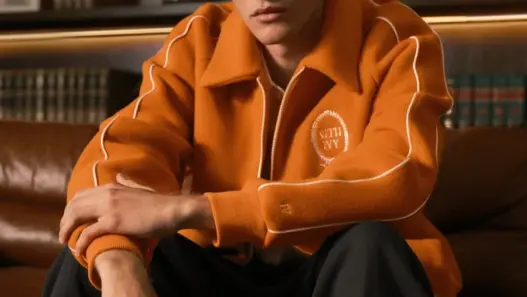 Warren Axelman in an orange Kith Ivy varsity jacket for Fall 2026