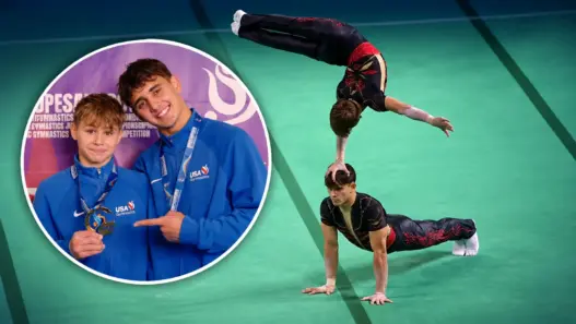 Yaroslav and Vsevolod Ossolodkov in a featured header image showing their medal portrait alongside an acrobatic gymnastics competition pose