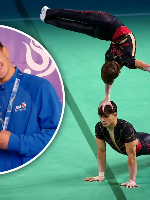Yaroslav and Vsevolod Ossolodkov in a featured header image showing their medal portrait alongside an acrobatic gymnastics competition pose