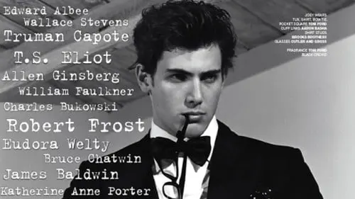 Male model in a tuxedo holds an open book or magazine showing a portrait, with literary names printed across the left side of the image.