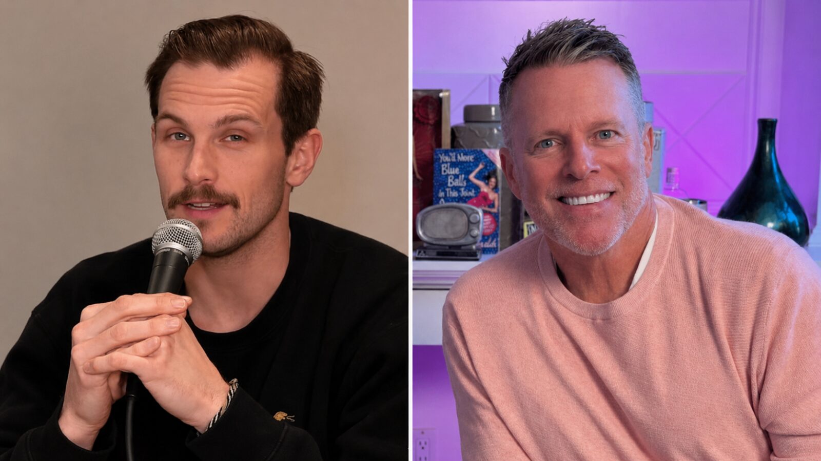 Alex Conn and Chris Franjola appear side by side, with Conn holding a microphone and Franjola smiling in a studio setting.