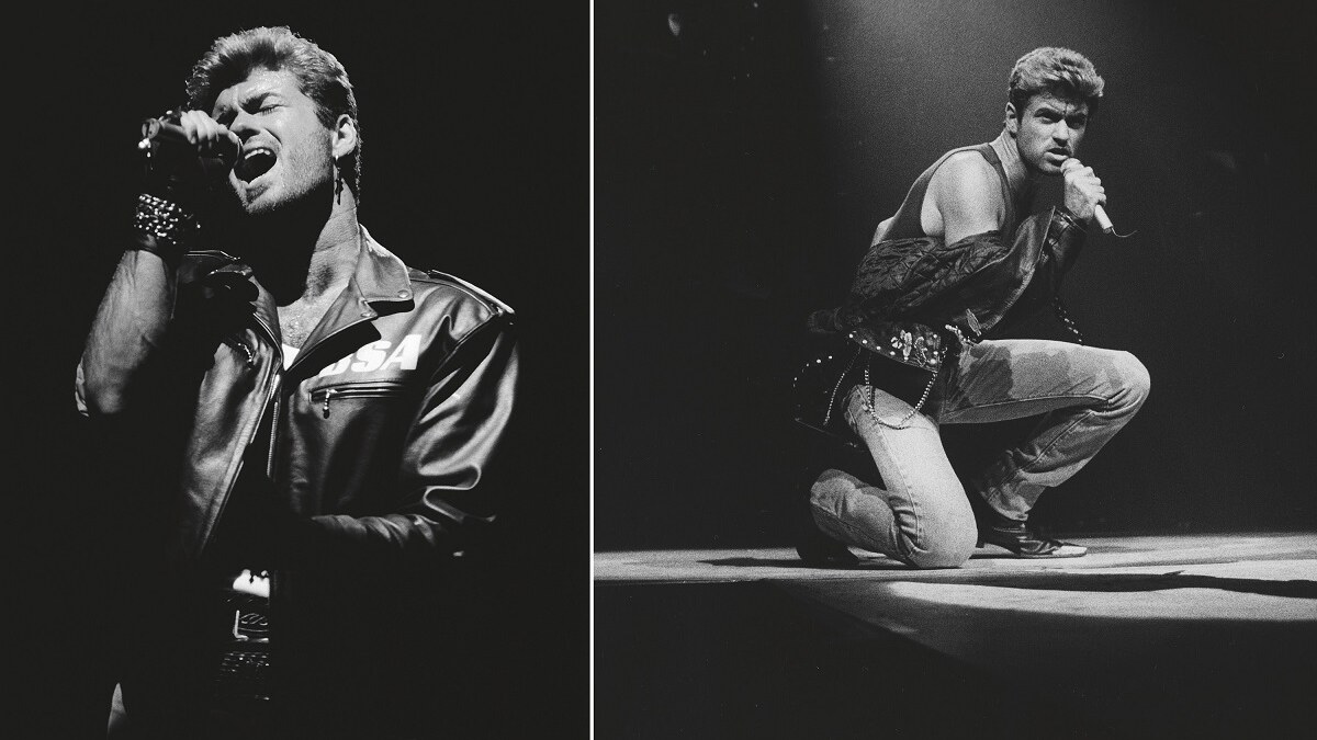 Black-and-white diptych showing George Michael singing into a microphone in close-up and kneeling onstage while performing.