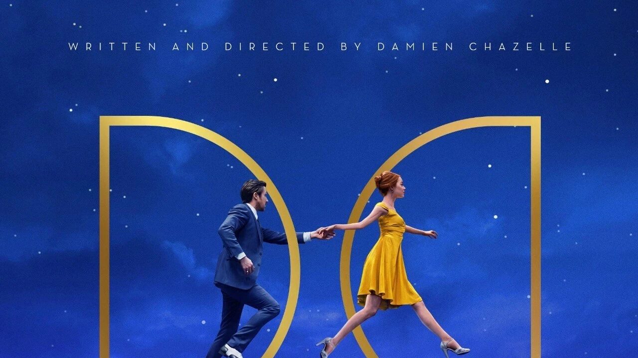 La La Land 10th-anniversary poster showing Ryan Gosling and Emma Stone leaping together against a starry blue sky above Los Angeles.