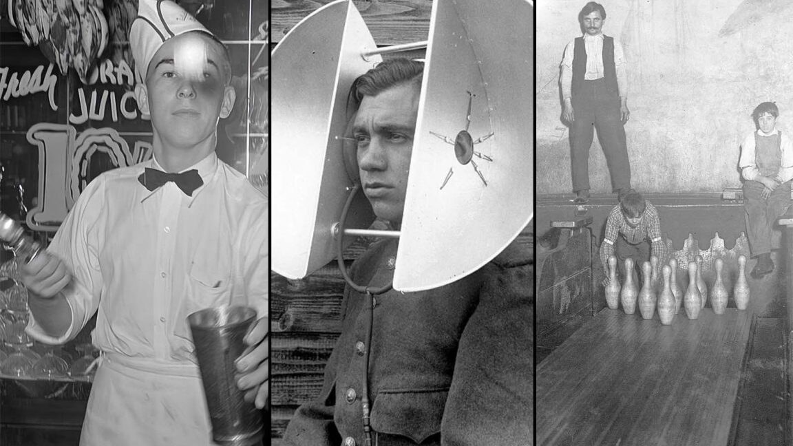 Three black-and-white historical panels show a server holding metal cups, a man using a large acoustic listening device, and workers resetting bowling pins.