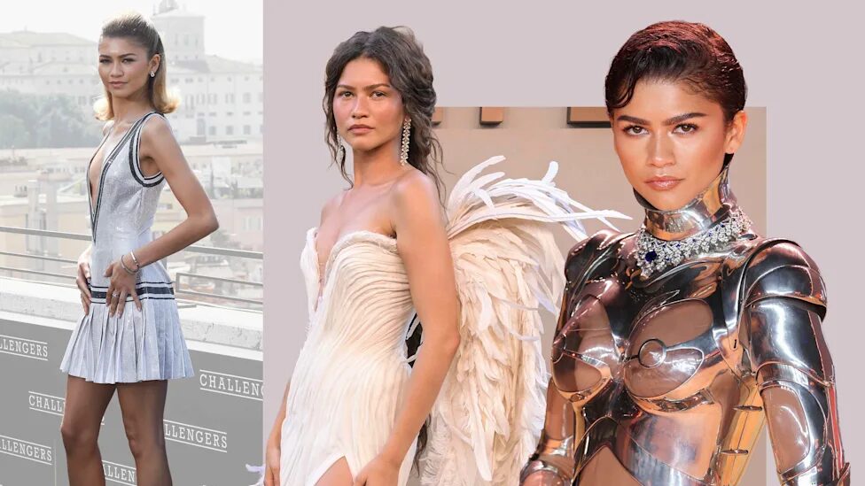 A three-panel collage shows Zendaya in a white tennis-inspired dress, a feathered white gown, and reflective metallic armor.