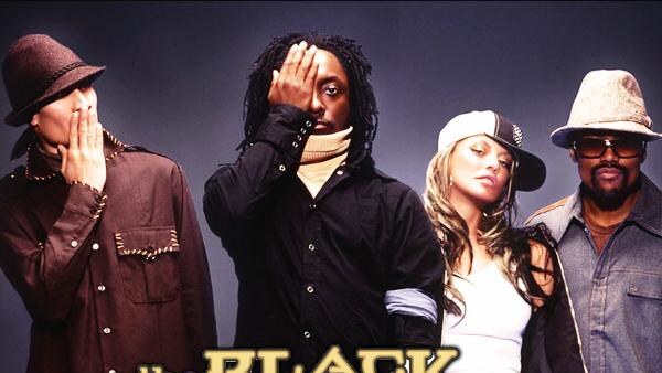 Four members of the Black Eyed Peas pose against a dark background above the group logo and large "My Humps" title text.