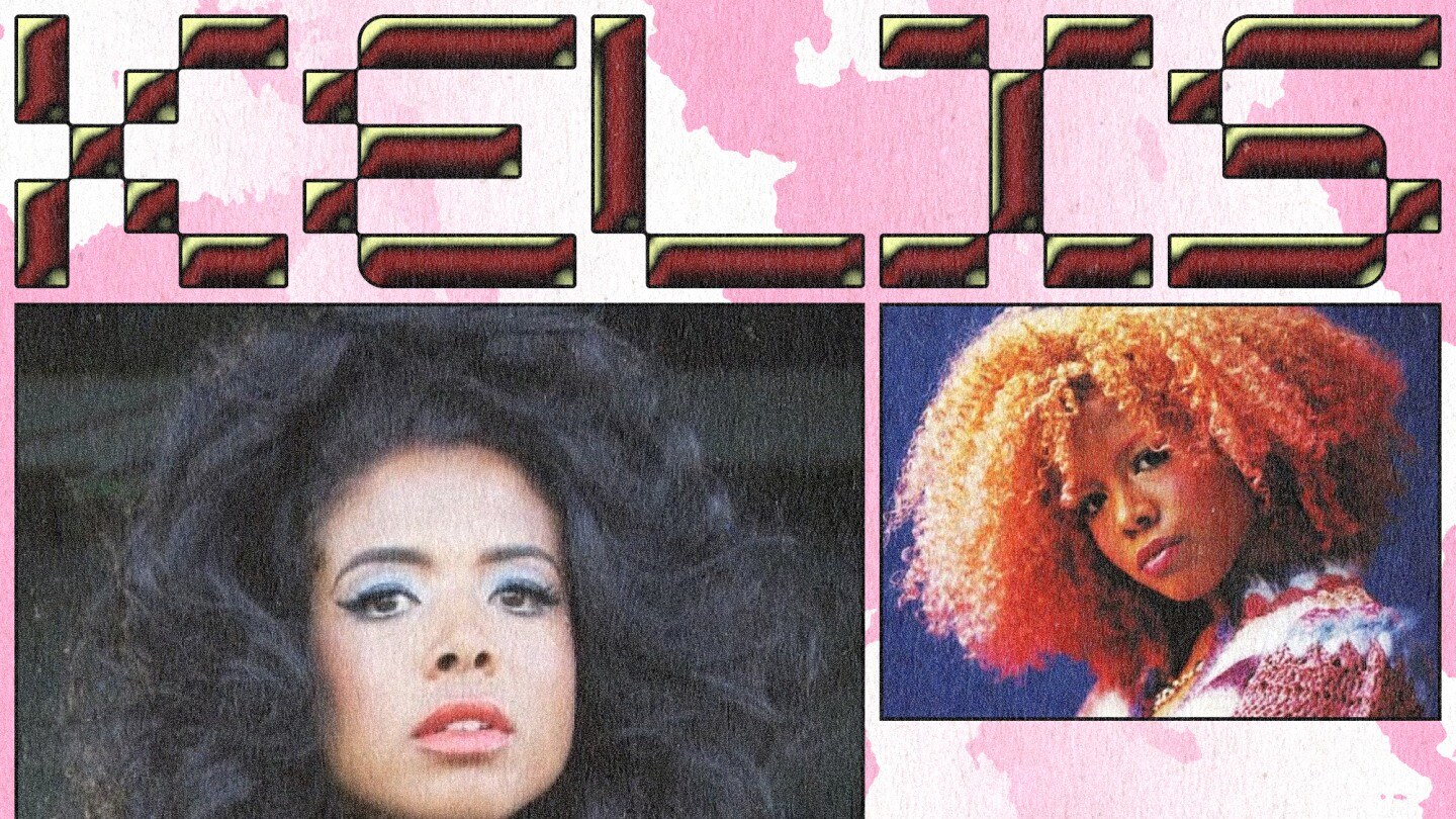 Collage featuring several portraits of Kelis in distinct hairstyles and makeup, with stylized lettering reading “Queen of Transformation.”