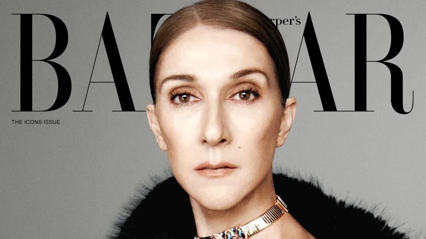 Céline Dion faces the camera in a Harper’s Bazaar cover portrait, wearing a jeweled choker and voluminous black fur against a gray background.