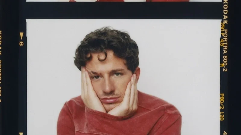 Charlie Puth rests his face in his hands while wearing a red sweater in two similar contact-sheet frames.