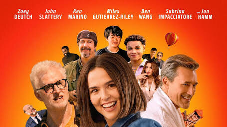 Colorful theatrical poster featuring Zoey Deutch at center, surrounded by an ensemble cast including John Slattery, Ken Marino, Miles Gutierrez-Riley and Jon Hamm, above the title Gail Daughtry and the Celebrity Sex Pass.