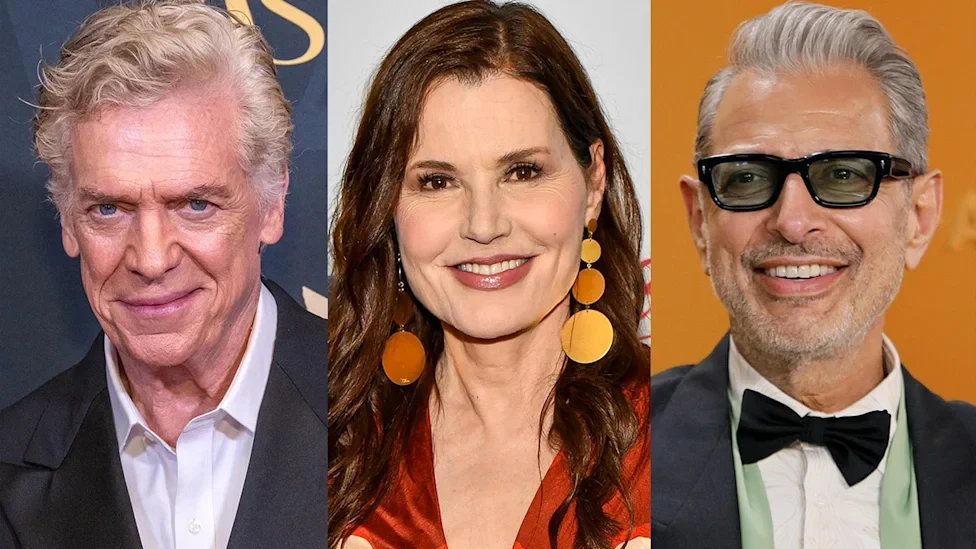 Portrait collage showing Christopher McDonald on the left, Geena Davis in the center and Jeff Goldblum on the right.