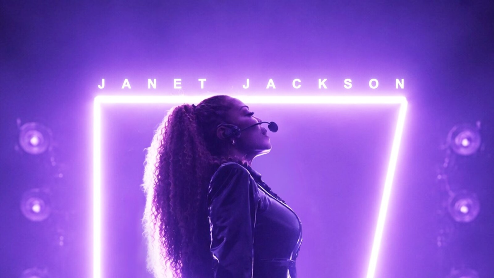 Janet Jackson performs in profile wearing a headset microphone and black outfit, framed by a glowing purple rectangle with text reading “JANET JACKSON” and “CONTROL 40.”