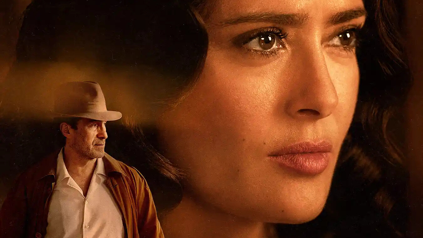 Promotional poster for Without Blood featuring a close-up of Salma Hayek, a smaller image of Demián Bichir in a hat, and a burning building in the background.