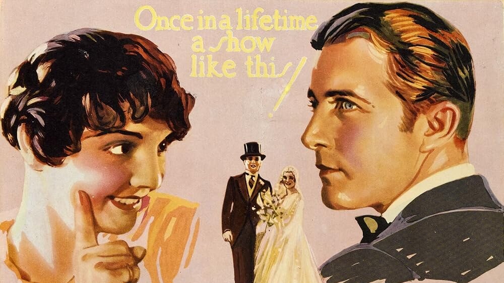 Vintage illustrated poster for King of Jazz showing large portraits of a woman and man above a bride, groom and chorus of women, with extensive cast and production lettering.