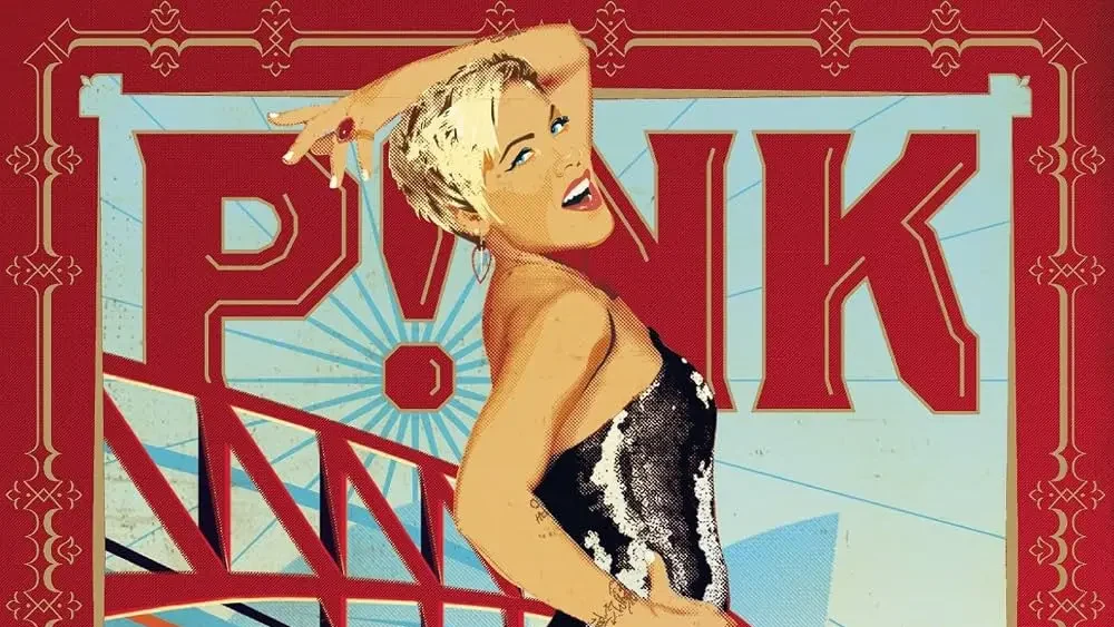 Stylized cover artwork shows P!NK in a sparkly black outfit posed against a bridge and large retro lettering for Funhouse Tour: Live in Australia.
