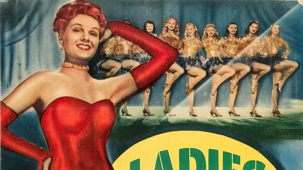 Vintage illustrated poster for Ladies of the Chorus featuring a woman in a red stage costume, chorus dancers, the film title, and cast credits including Marilyn Monroe and Adele Jergens.